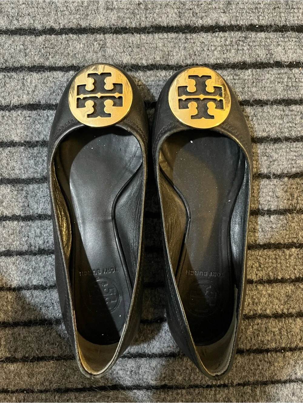 Tory Burch Black Leather Ballet Flats with Gold Logo Medallions